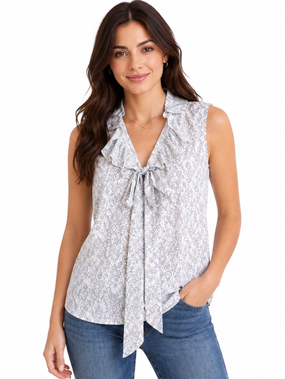 Banana Republic Paisley Tie Neck Sleeveless Blouse Gray White Career Top— XS